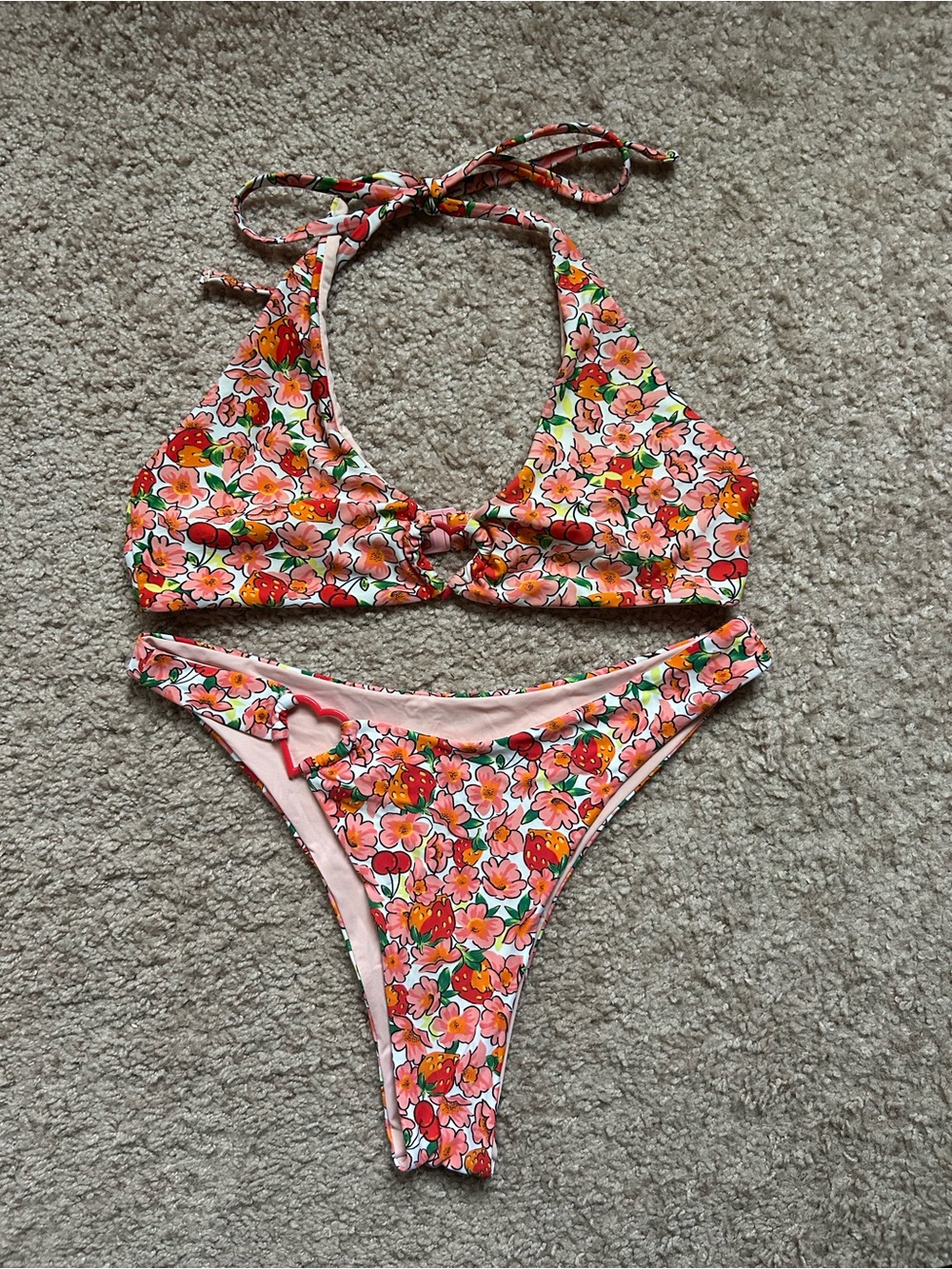 Kids Floral Halter Bikini Set - Pink & Orange